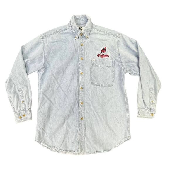 90s LEE Cleveland Indians Denim Long Sleeve Shirt Sz Medium MLB - Picture 1 of 7